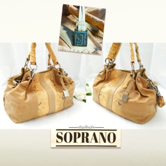 SOPRANO Tan Taupe Orange Soft Leather Satchel Purse Braided Chain Shoulder Bag - Picture 4 of 11